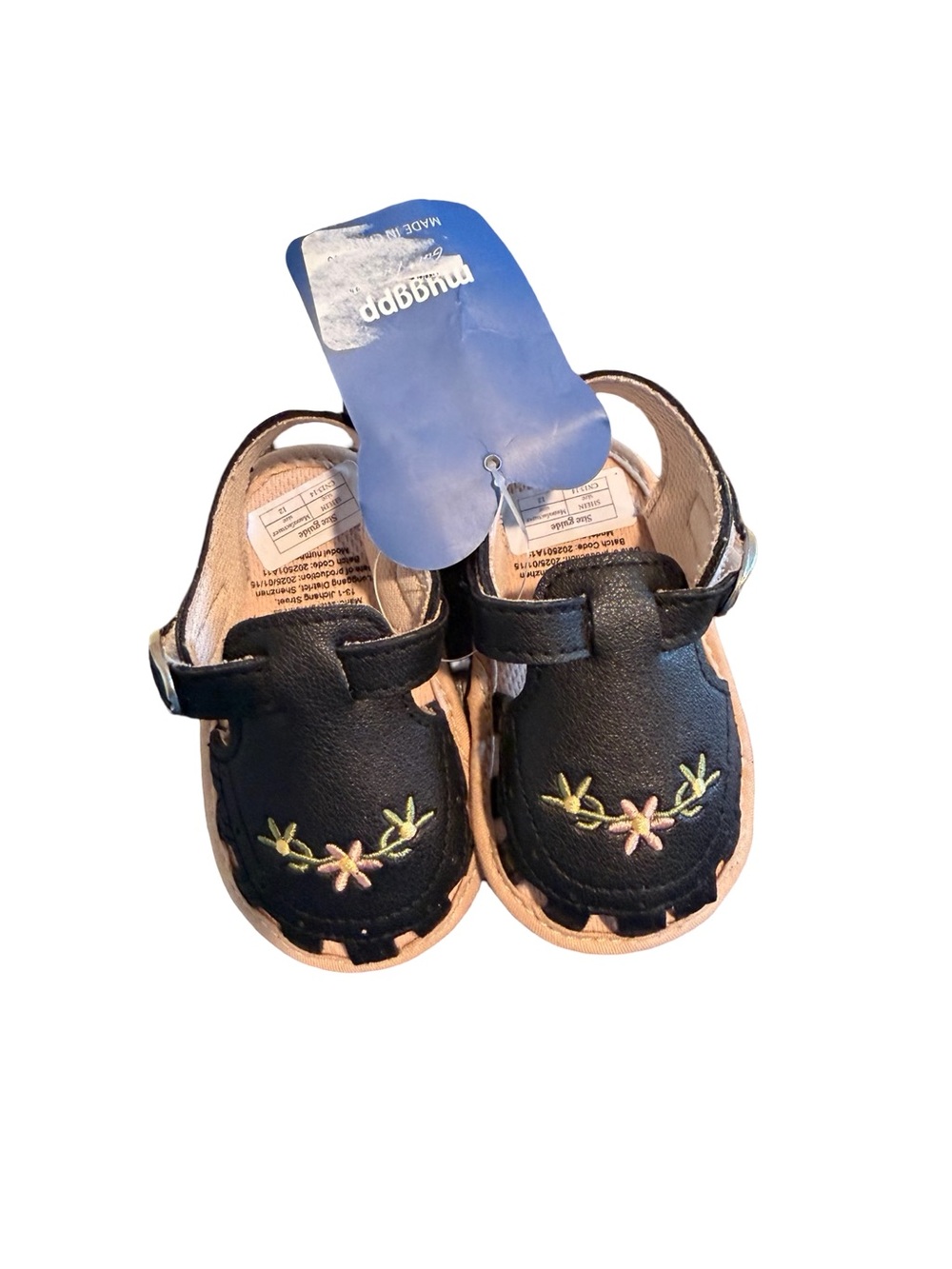 Myggpp brand Black Leather-Look Floral Embroidered Kids Sandals